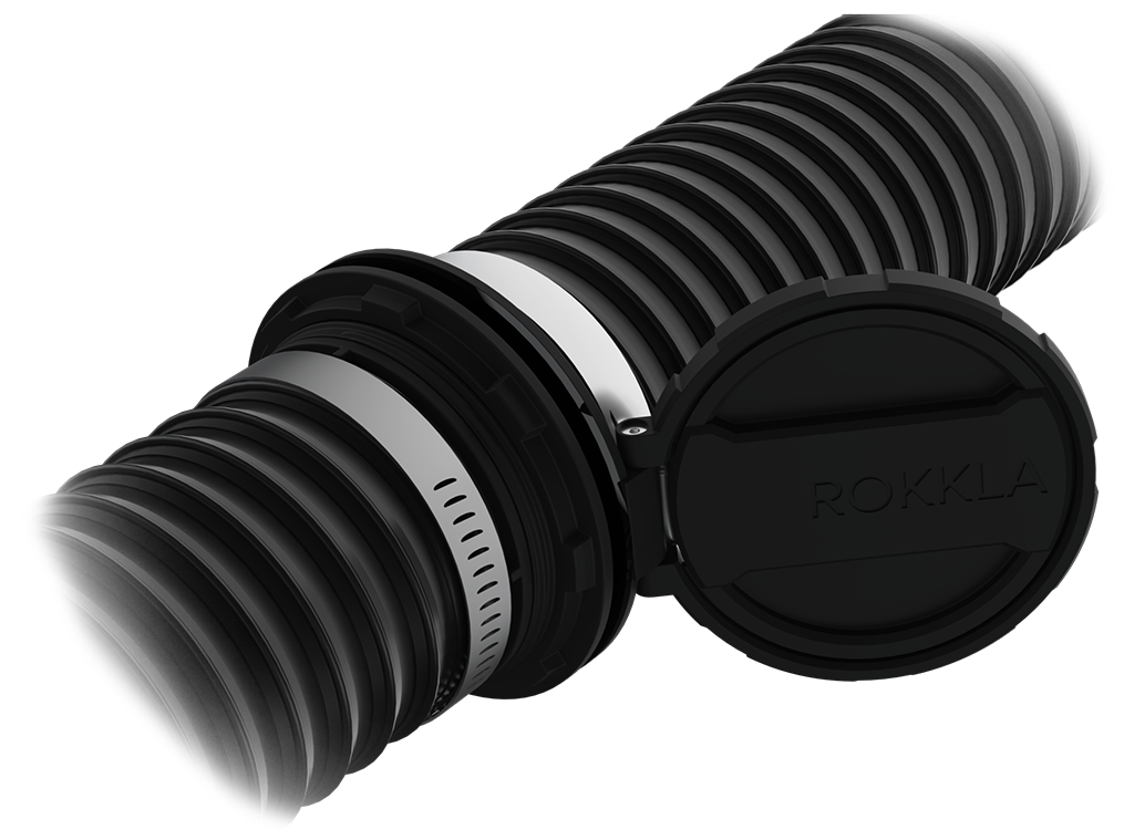 ROKKLA AirPort diesel heater port showing dual-side hose installation with 1/4-turn duct hose adapter for 75mm and 90mm diesel heater hoses